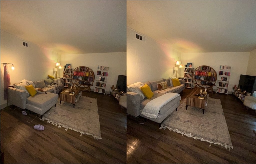 Before and after cleaning of a cluttered living room