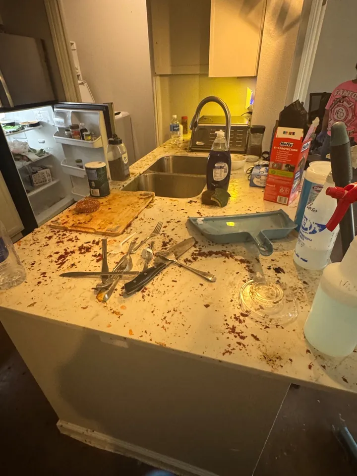 Kitchen counter with spills and food debris before cleaning