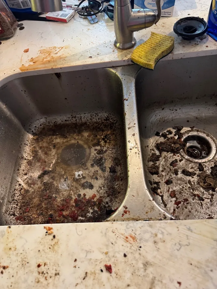 Kitchen sink with built-up food residue before deep cleaning