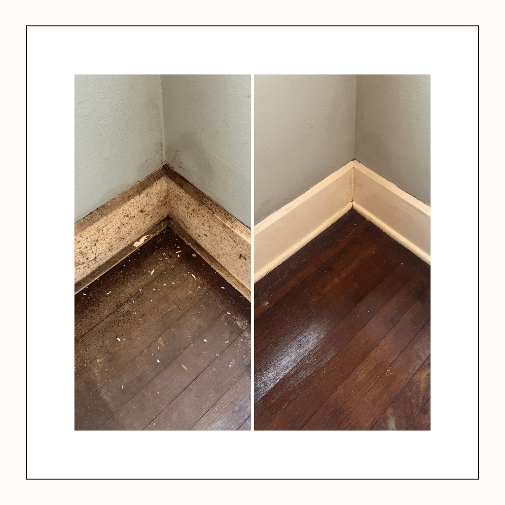 Before and after deep clean of hardwood floors and baseboards