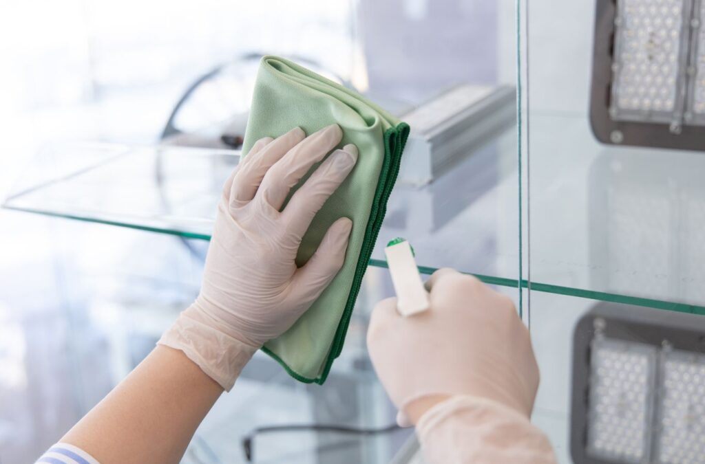 Swept Up Cleaning Co professional performing deep cleaning in a Rollingwood, TX home—scrubbing counters and polishing fixtures for a spotless finish.