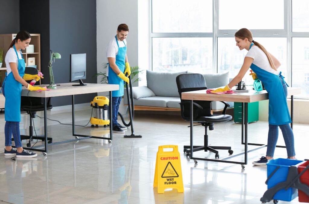 Commercial cleaner using professional tools to sanitize high-touch surfaces in active office space. Commercial Cleaning Near Me.
