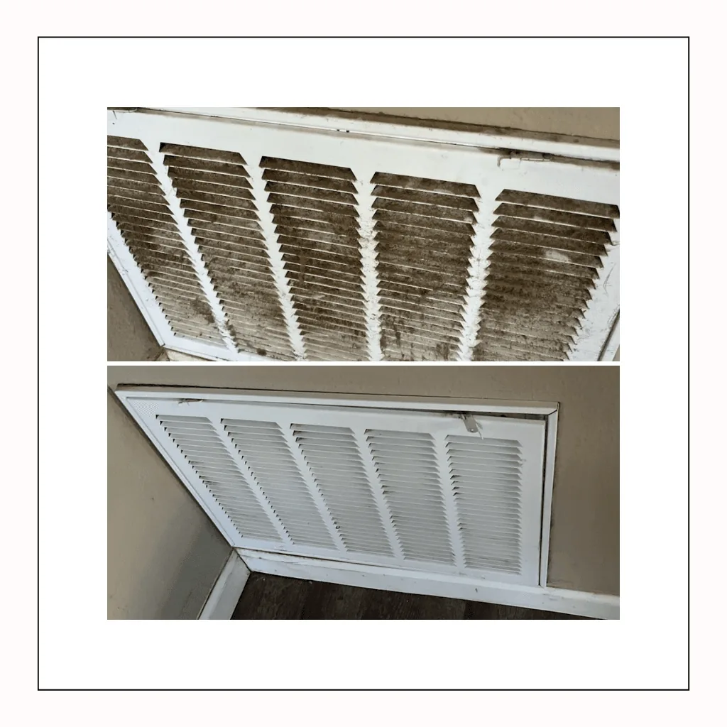 Before and after cleaning a return air vent register - matted dust removed from the louvers