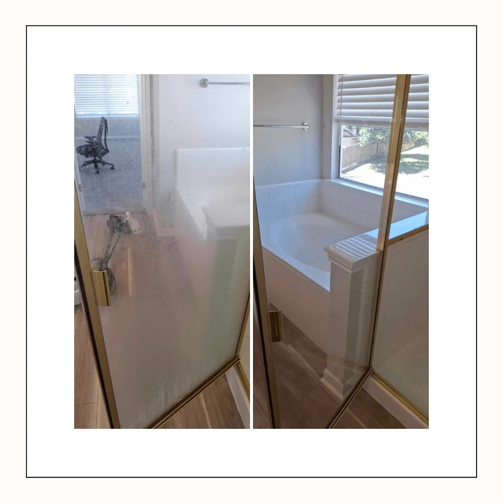 Glass shower door, hard water removed - deep clean in Allandale, before and after