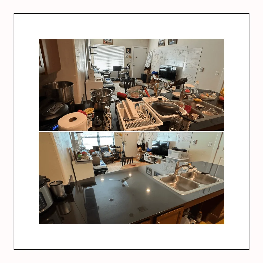 Before and after cleaning a kitchen counter and sink - a cluttered, dirty counter cleared and polished