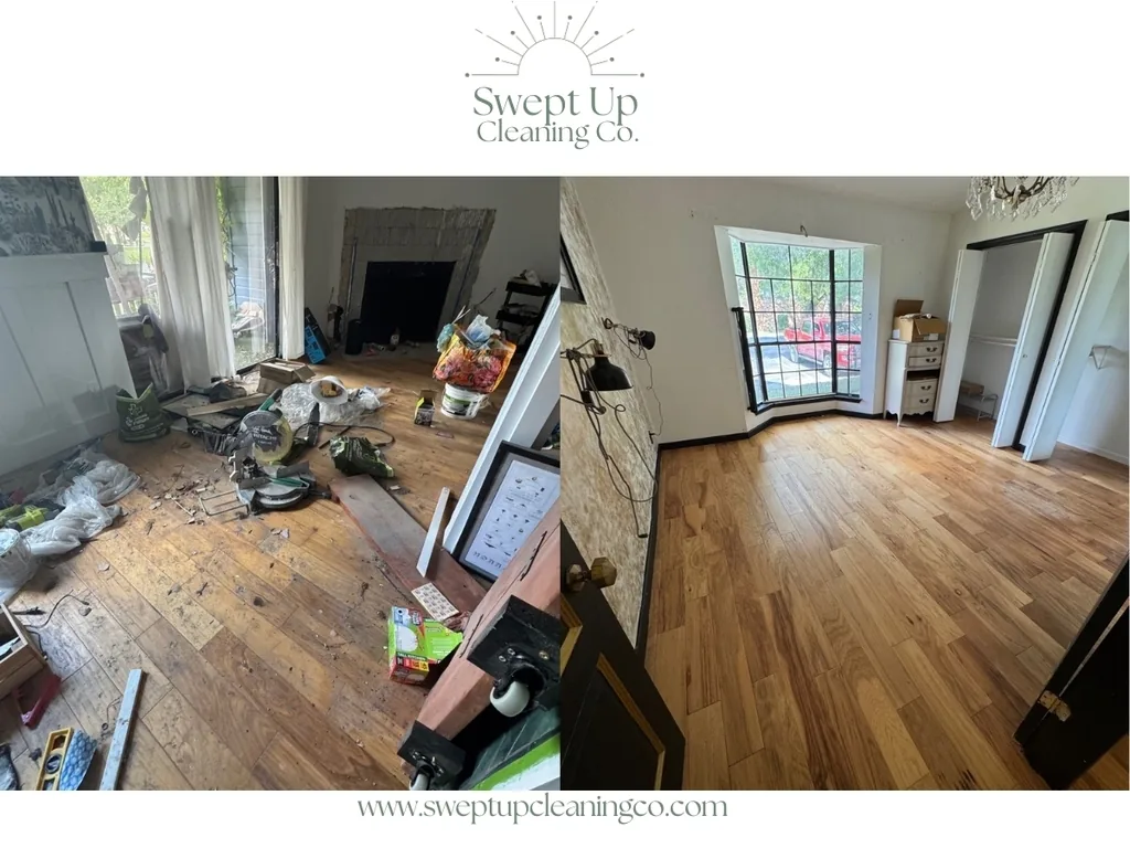 Before and after a post-construction clean - a living room full of power tools, lumber, drop cloths and construction debris cleared to a spotless finished room with clean hardwood floors and a bay window