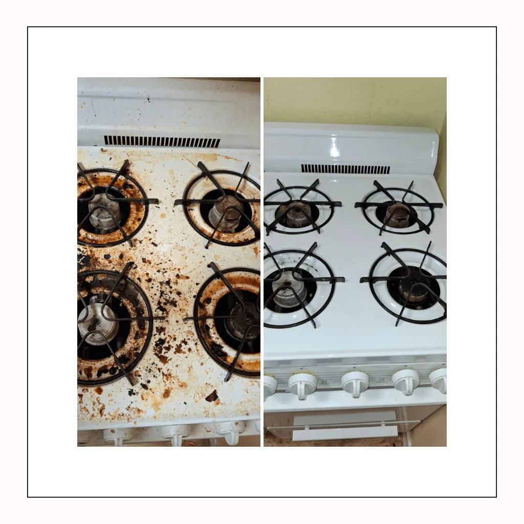 Before and after degreasing a gas stovetop - rust, burnt spills and grease removed from the burners and cooktop